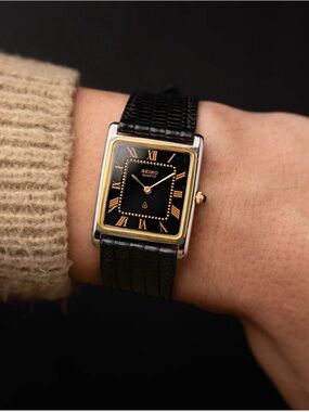 Seiko Black and Gold Rectangular Classic Wristwatch